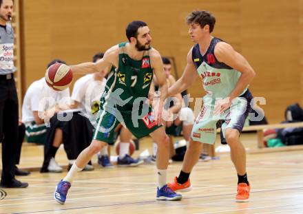 Basketball 2. Bundesliga. Grunddurchgang. 12. Runde. Raiders Villach gegen Dornbirn Lions. Simon Finzgar, (Villach),Ander Arruti   (Dornbirn). Villach, am 10.12.2017.
Foto: Kuess
---
pressefotos, pressefotografie, kuess, qs, qspictures, sport, bild, bilder, bilddatenbank