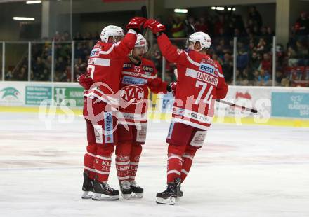 EBEL. Eishockey Bundesliga. KAC gegen 	EC Red Bull Salzburg. Torjubel Mitja Robar, Stefan Geier, Jamie Lundmark (KAC). Klagenfurt, am 15.12.2017.
Foto: Kuess

---
pressefotos, pressefotografie, kuess, qs, qspictures, sport, bild, bilder, bilddatenbank