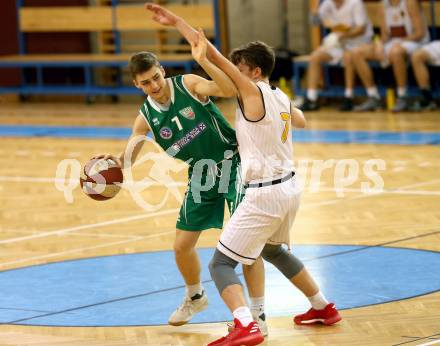 Basketball 2. Bundesliga. Grunddurchgang. 13. Runde. Woerthersee Piraten gegen KOS Celovec. Lukas Simoner, (Piraten), Jan Razdevsek  (KOS). Klagenfurt, am 16.12.2017.
Foto: Kuess
---
pressefotos, pressefotografie, kuess, qs, qspictures, sport, bild, bilder, bilddatenbank