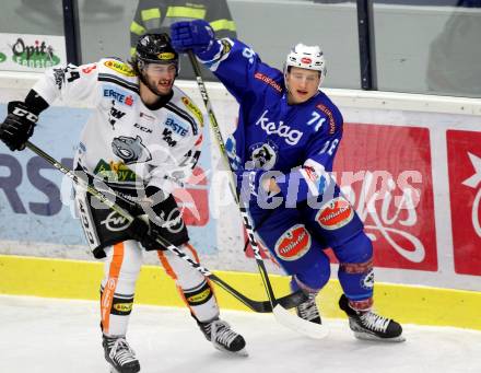 EBEL. Eishockey Bundesliga. EC VSV gegen Dornbirn Bulldogs. Sam Antonitsch,  (VSV), Michael Caruso (Dornbirn). Villach, am 20.12.2017.
Foto: Kuess 


---
pressefotos, pressefotografie, kuess, qs, qspictures, sport, bild, bilder, bilddatenbank
