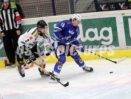 EBEL. Eishockey Bundesliga. EC VSV gegen Dornbirn Bulldogs. Valentin Leiler,  (VSV), Olivier Magnan (Dornbirn). Villach, am 20.12.2017.
Foto: Kuess 


---
pressefotos, pressefotografie, kuess, qs, qspictures, sport, bild, bilder, bilddatenbank