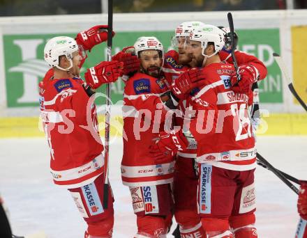 EBEL. Eishockey Bundesliga. KAC gegen  Vienna Capitals. Torjubel Martin Schumnig, Stefan Geier, Thomas Koch, Jamie Lundmark (KAC). Klagenfurt, am 22.12.2017.
Foto: Kuess

---
pressefotos, pressefotografie, kuess, qs, qspictures, sport, bild, bilder, bilddatenbank