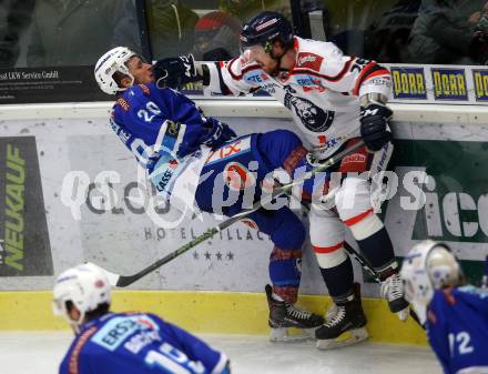 EBEL. Eishockey Bundesliga. EC VSV gegen KHL Medvescak Zagreb. Nico Brunner,  (VSV), Michael Boivin (Zagreb). Villach, am 26.12.2017.
Foto: Kuess 


---
pressefotos, pressefotografie, kuess, qs, qspictures, sport, bild, bilder, bilddatenbank