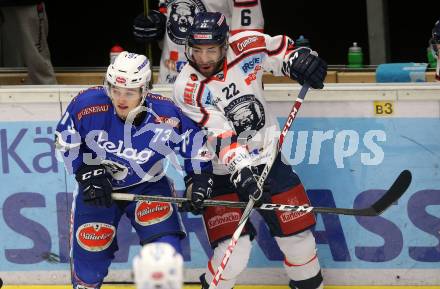 EBEL. Eishockey Bundesliga. EC VSV gegen KHL Medvescak Zagreb. Philipp Wohlfahrt, (VSV), Samson Mahbod (Zagreb). Villach, am 26.12.2017.
Foto: Kuess 


---
pressefotos, pressefotografie, kuess, qs, qspictures, sport, bild, bilder, bilddatenbank