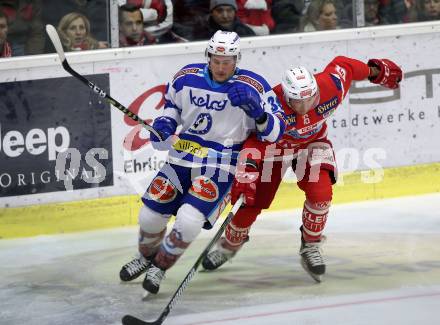 EBEL. Eishockey Bundesliga. KAC gegen VSV. Patrick Harand, (KAC), Patrick Platzer  (VSV). Klagenfurt, am 28.12.2017.
Foto: Kuess

---
pressefotos, pressefotografie, kuess, qs, qspictures, sport, bild, bilder, bilddatenbank
