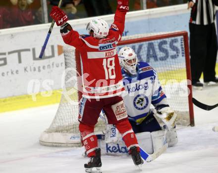 EBEL. Eishockey Bundesliga. KAC gegen VSV. Torjubel Thomas Koch, (KAC), Lukas Herzog  (VSV). Klagenfurt, am 28.12.2017.
Foto: Kuess

---
pressefotos, pressefotografie, kuess, qs, qspictures, sport, bild, bilder, bilddatenbank