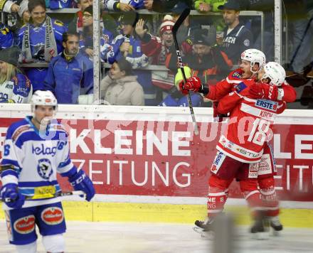 EBEL. Eishockey Bundesliga. KAC gegen VSV. Torjubel Geier Stefan, Thomas Koch (KAC). Klagenfurt, am 28.12.2017.
Foto: Kuess

---
pressefotos, pressefotografie, kuess, qs, qspictures, sport, bild, bilder, bilddatenbank