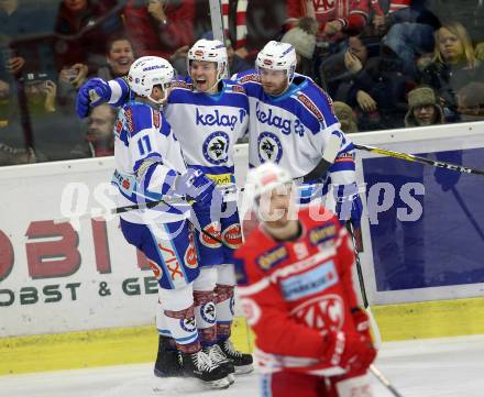 EBEL. Eishockey Bundesliga. KAC gegen VSV. Torjubel Jordan Hickmott, Ben Walter, Markus Schlacher (VSV). Klagenfurt, am 28.12.2017.
Foto: Kuess

---
pressefotos, pressefotografie, kuess, qs, qspictures, sport, bild, bilder, bilddatenbank