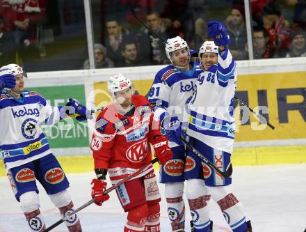 EBEL. Eishockey Bundesliga. KAC gegen VSV. Torjubel Miha Verlic, Miha Stebih (KAC). Klagenfurt, am 28.12.2017.
Foto: Kuess

---
pressefotos, pressefotografie, kuess, qs, qspictures, sport, bild, bilder, bilddatenbank