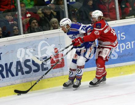 EBEL. Eishockey Bundesliga. KAC gegen VSV. Johannes Bischofberger,  (KAC), Nico Brunner (VSV). Klagenfurt, am 28.12.2017.
Foto: Kuess

---
pressefotos, pressefotografie, kuess, qs, qspictures, sport, bild, bilder, bilddatenbank
