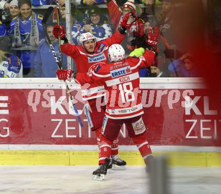 EBEL. Eishockey Bundesliga. KAC gegen VSV. Torjubel Geier Stefan, Thomas Koch (KAC). Klagenfurt, am 28.12.2017.
Foto: Kuess

---
pressefotos, pressefotografie, kuess, qs, qspictures, sport, bild, bilder, bilddatenbank