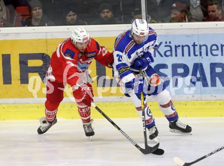 EBEL. Eishockey Bundesliga. KAC gegen VSV. Patrick Harand, (KAC), Benjamin Petrik  (VSV). Klagenfurt, am 28.12.2017.
Foto: Kuess

---
pressefotos, pressefotografie, kuess, qs, qspictures, sport, bild, bilder, bilddatenbank