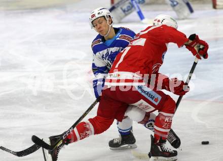 EBEL. Eishockey Bundesliga. KAC gegen VSV. Manuel Ganahl,  (KAC), Gerd Kragl (VSV). Klagenfurt, am 28.12.2017.
Foto: Kuess

---
pressefotos, pressefotografie, kuess, qs, qspictures, sport, bild, bilder, bilddatenbank