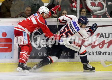 EBEL. Eishockey Bundesliga. KAC gegen KHL Medvescak Zagreb. Mitja Robar,  (KAC), Harri Tikkanen (Zagreb). Klagenfurt, am 1.1.2018.
Foto: Kuess

---
pressefotos, pressefotografie, kuess, qs, qspictures, sport, bild, bilder, bilddatenbank