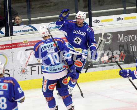 EBEL. Eishockey Bundesliga. EC VSV gegen Moser Medical Graz99ers. Torjubel Markus Schlacher,  (VSV). Villach, am 1.1.2018.
Foto: Kuess 


---
pressefotos, pressefotografie, kuess, qs, qspictures, sport, bild, bilder, bilddatenbank