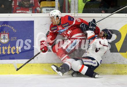 EBEL. Eishockey Bundesliga. KAC gegen KHL Medvescak Zagreb. Ramon Schnetzer,  (KAC),  Tomas Netik (Zagreb). Klagenfurt, am 1.1.2018.
Foto: Kuess

---
pressefotos, pressefotografie, kuess, qs, qspictures, sport, bild, bilder, bilddatenbank