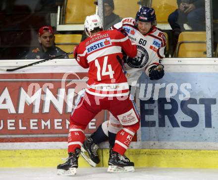 EBEL. Eishockey Bundesliga. KAC gegen KHL Medvescak Zagreb. Stefan Espeland, (KAC), Tero Koskiranta (Zagreb). Klagenfurt, am 1.1.2018.
Foto: Kuess

---
pressefotos, pressefotografie, kuess, qs, qspictures, sport, bild, bilder, bilddatenbank