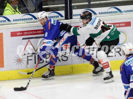 EBEL. Eishockey Bundesliga. EC VSV gegen Moser Medical Graz99ers. Felix Maxa,  (VSV), Evan Brophey (Graz). Villach, am 1.1.2018.
Foto: Kuess 


---
pressefotos, pressefotografie, kuess, qs, qspictures, sport, bild, bilder, bilddatenbank