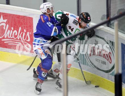 EBEL. Eishockey Bundesliga. EC VSV gegen Moser Medical Graz99ers. Nico Brunner,  (VSV), Markus Pirmann (Graz). Villach, am 1.1.2018.
Foto: Kuess 


---
pressefotos, pressefotografie, kuess, qs, qspictures, sport, bild, bilder, bilddatenbank