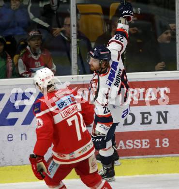 EBEL. Eishockey Bundesliga. KAC gegen KHL Medvescak Zagreb. Torjubel Michael Boivin (Zagreb). Klagenfurt, am 1.1.2018.
Foto: Kuess

---
pressefotos, pressefotografie, kuess, qs, qspictures, sport, bild, bilder, bilddatenbank