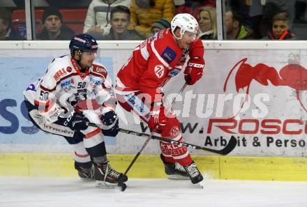 EBEL. Eishockey Bundesliga. KAC gegen KHL Medvescak Zagreb. Jamie Lundmark,  (KAC), Ivan Jankovic (Zagreb). Klagenfurt, am 1.1.2018.
Foto: Kuess

---
pressefotos, pressefotografie, kuess, qs, qspictures, sport, bild, bilder, bilddatenbank