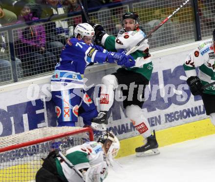 EBEL. Eishockey Bundesliga. EC VSV gegen Moser Medical Graz99ers. Maxa Felix,  (VSV), Brock Higgs (Graz). Villach, am 1.1.2018.
Foto: Kuess 


---
pressefotos, pressefotografie, kuess, qs, qspictures, sport, bild, bilder, bilddatenbank