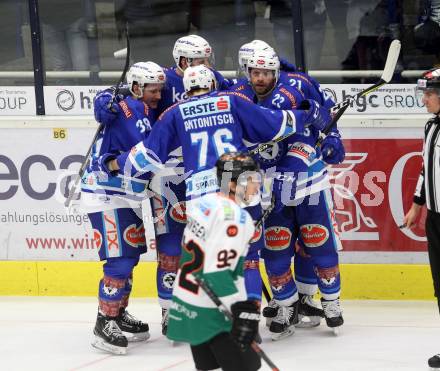 EBEL. Eishockey Bundesliga. EC VSV gegen Moser Medical Graz99ers. Torjubel Benjamin Petrik (VSV). Villach, am 1.1.2018.
Foto: Kuess 


---
pressefotos, pressefotografie, kuess, qs, qspictures, sport, bild, bilder, bilddatenbank