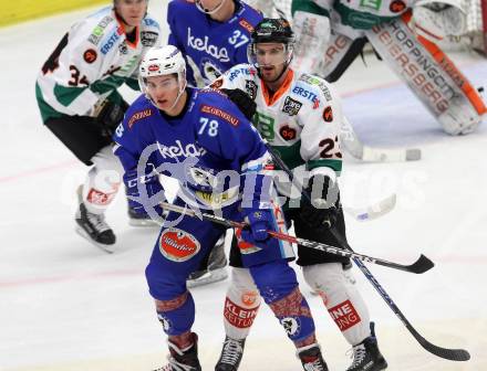 EBEL. Eishockey Bundesliga. EC VSV gegen Moser Medical Graz99ers. Maxa Felix, (VSV), Brock Higgs  (Graz). Villach, am 1.1.2018.
Foto: Kuess 


---
pressefotos, pressefotografie, kuess, qs, qspictures, sport, bild, bilder, bilddatenbank