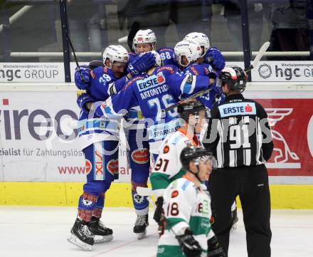 EBEL. Eishockey Bundesliga. EC VSV gegen Moser Medical Graz99ers. Torjubel Benjamin Petrik (VSV). Villach, am 1.1.2018.
Foto: Kuess 


---
pressefotos, pressefotografie, kuess, qs, qspictures, sport, bild, bilder, bilddatenbank