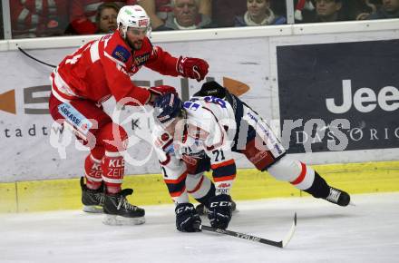 EBEL. Eishockey Bundesliga. KAC gegen KHL Medvescak Zagreb. Steven Strong, (KAC),Tomas Netik  (Zagreb). Klagenfurt, am 1.1.2018.
Foto: Kuess

---
pressefotos, pressefotografie, kuess, qs, qspictures, sport, bild, bilder, bilddatenbank