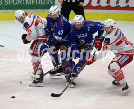 EBEL. Eishockey Bundesliga. EC VSV gegen KAC. Ryan Glenn, Dave Shields, (VSV), Jamie Lundmark, Stefan Geier (KAC). Villach, am 3.1.2018.
Foto: Kuess 


---
pressefotos, pressefotografie, kuess, qs, qspictures, sport, bild, bilder, bilddatenbank