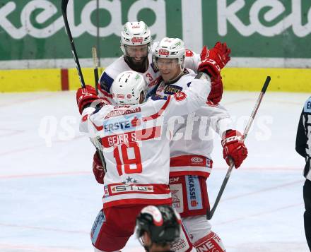 EBEL. Eishockey Bundesliga. EC VSV gegen KAC. Torjubel Jamie Lundmark, David Joseph Fischer, Stefan Geier (KAC). Villach, am 3.1.2018.
Foto: Kuess 


---
pressefotos, pressefotografie, kuess, qs, qspictures, sport, bild, bilder, bilddatenbank