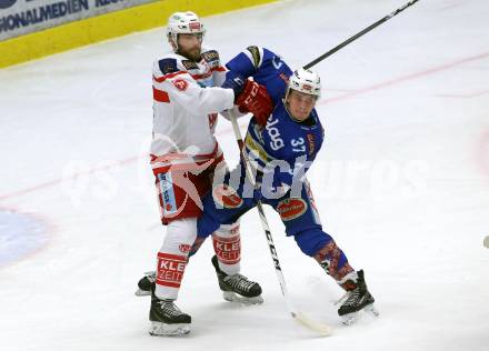 EBEL. Eishockey Bundesliga. EC VSV gegen KAC. Christof Kromp (VSV), Christoph Duller (KAC). Villach, am 3.1.2018.
Foto: Kuess 


---
pressefotos, pressefotografie, kuess, qs, qspictures, sport, bild, bilder, bilddatenbank