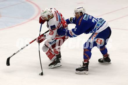 EBEL. Eishockey Bundesliga. EC VSV gegen KAC. Felix Maxa, (VSV), Thomas Koch  (KAC). Villach, am 3.1.2018.
Foto: Kuess 


---
pressefotos, pressefotografie, kuess, qs, qspictures, sport, bild, bilder, bilddatenbank