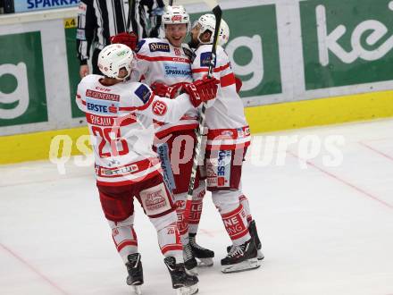 EBEL. Eishockey Bundesliga. EC VSV gegen KAC. Torjubel Thomas Koch, Marco Richter, Jonathan Rheault (KAC). Villach, am 3.1.2018.
Foto: Kuess 


---
pressefotos, pressefotografie, kuess, qs, qspictures, sport, bild, bilder, bilddatenbank