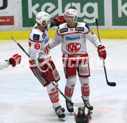 EBEL. Eishockey Bundesliga. EC VSV gegen KAC. Torjubel Jamie Lundmark, David Joseph Fischer (KAC). Villach, am 3.1.2018.
Foto: Kuess 


---
pressefotos, pressefotografie, kuess, qs, qspictures, sport, bild, bilder, bilddatenbank