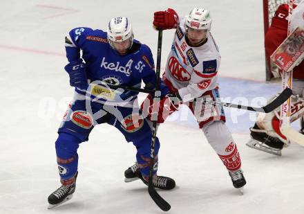 EBEL. Eishockey Bundesliga. EC VSV gegen KAC. Andrew Sarauer,  (VSV), Mitja Robar (KAC). Villach, am 3.1.2018.
Foto: Kuess 


---
pressefotos, pressefotografie, kuess, qs, qspictures, sport, bild, bilder, bilddatenbank