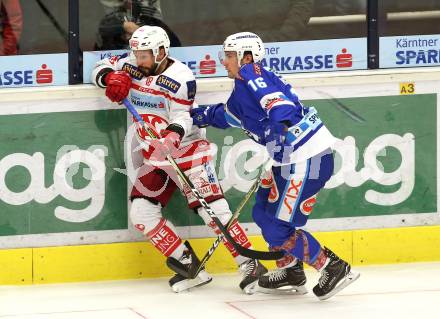 EBEL. Eishockey Bundesliga. EC VSV gegen KAC. Jordan Hickmott (VSV), Thomas Koch (KAC). Villach, am 3.1.2018.
Foto: Kuess 


---
pressefotos, pressefotografie, kuess, qs, qspictures, sport, bild, bilder, bilddatenbank