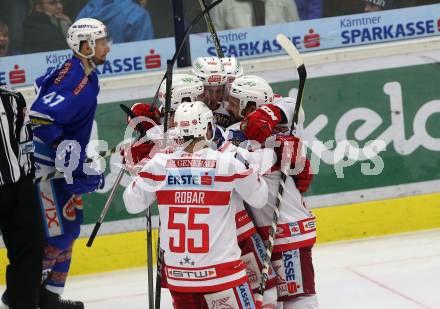 EBEL. Eishockey Bundesliga. EC VSV gegen KAC. Jubel KAC. Villach, am 3.1.2018.
Foto: Kuess 


---
pressefotos, pressefotografie, kuess, qs, qspictures, sport, bild, bilder, bilddatenbank