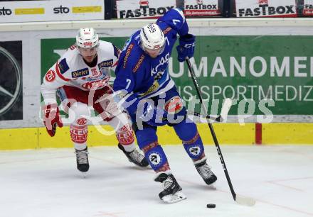 EBEL. Eishockey Bundesliga. EC VSV gegen KAC. Dave Shields, (VSV), Jonathan Rheault  (KAC). Villach, am 3.1.2018.
Foto: Kuess 


---
pressefotos, pressefotografie, kuess, qs, qspictures, sport, bild, bilder, bilddatenbank