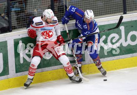 EBEL. Eishockey Bundesliga. EC VSV gegen KAC. Christof Kromp (VSV), Christoph Duller (KAC). Villach, am 3.1.2018.
Foto: Kuess 


---
pressefotos, pressefotografie, kuess, qs, qspictures, sport, bild, bilder, bilddatenbank