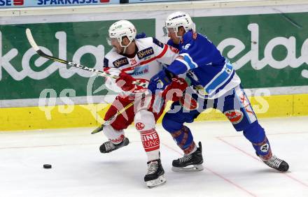 EBEL. Eishockey Bundesliga. EC VSV gegen KAC. Jordan Hickmott,  (VSV), Jonathan Rheault (KAC). Villach, am 3.1.2018.
Foto: Kuess 


---
pressefotos, pressefotografie, kuess, qs, qspictures, sport, bild, bilder, bilddatenbank