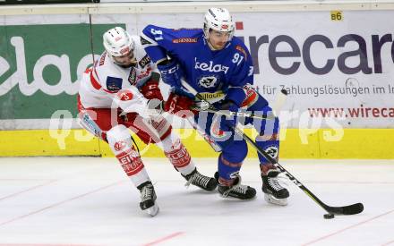 EBEL. Eishockey Bundesliga. EC VSV gegen KAC. Miha Verlic (VSV), David Joseph Fischer (KAC). Villach, am 3.1.2018.
Foto: Kuess 


---
pressefotos, pressefotografie, kuess, qs, qspictures, sport, bild, bilder, bilddatenbank