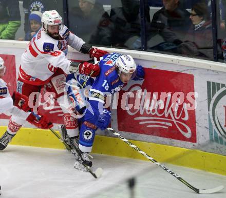 EBEL. Eishockey Bundesliga. EC VSV gegen KAC. Valentin Leiler,  (VSV), David Joseph Fischer (KAC). Villach, am 3.1.2018.
Foto: Kuess 


---
pressefotos, pressefotografie, kuess, qs, qspictures, sport, bild, bilder, bilddatenbank