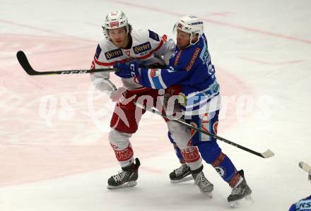 EBEL. Eishockey Bundesliga. EC VSV gegen KAC. Nico Brunner, (VSV),  Manuel Ganahl (KAC). Villach, am 3.1.2018.
Foto: Kuess 


---
pressefotos, pressefotografie, kuess, qs, qspictures, sport, bild, bilder, bilddatenbank