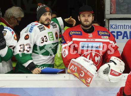 EBEL. Eishockey Bundesliga. KAC gegen 	Moser Medical Graz99ers. David Madlehner, (KAC), Thomas Hoeneckl  (Graz). Klagenfurt, am 5.1.2018.
Foto: Kuess

---
pressefotos, pressefotografie, kuess, qs, qspictures, sport, bild, bilder, bilddatenbank