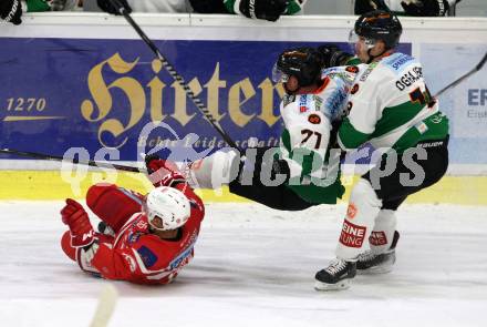 EBEL. Eishockey Bundesliga. KAC gegen 	Moser Medical Graz99ers. Mitja Robar,  (KAC), Kurtis McLean, Ken Ograjensek (Graz). Klagenfurt, am 5.1.2018.
Foto: Kuess

---
pressefotos, pressefotografie, kuess, qs, qspictures, sport, bild, bilder, bilddatenbank