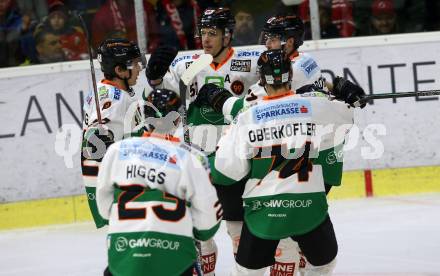 EBEL. Eishockey Bundesliga. KAC gegen 	Moser Medical Graz99ers. Torjubel Daniel Woger, Evan Brophey, Brock Higgs, Daniel Oberkofler (Graz). Klagenfurt, am 5.1.2018.
Foto: Kuess

---
pressefotos, pressefotografie, kuess, qs, qspictures, sport, bild, bilder, bilddatenbank