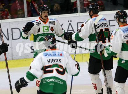 EBEL. Eishockey Bundesliga. KAC gegen 	Moser Medical Graz99ers. Torjubel Daniel Woger, Evan Brophey, Brock Higgs,  (Graz). Klagenfurt, am 5.1.2018.
Foto: Kuess

---
pressefotos, pressefotografie, kuess, qs, qspictures, sport, bild, bilder, bilddatenbank