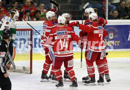 EBEL. Eishockey Bundesliga. KAC gegen 	Moser Medical Graz99ers. Torjubel Thomas Koch, Stefan Geier, Stefan Espeland, Jamie Lundmark,  (KAC). Klagenfurt, am 5.1.2018.
Foto: Kuess

---
pressefotos, pressefotografie, kuess, qs, qspictures, sport, bild, bilder, bilddatenbank